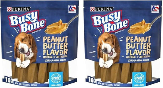 Purina Busy Bone Made in USA Facilities, Long Lasting Small/Medium Breed Adult Dog Chews, Peanut Butter Flavor - 10 ct. Pouch (Pack of 2) - PAWPICO