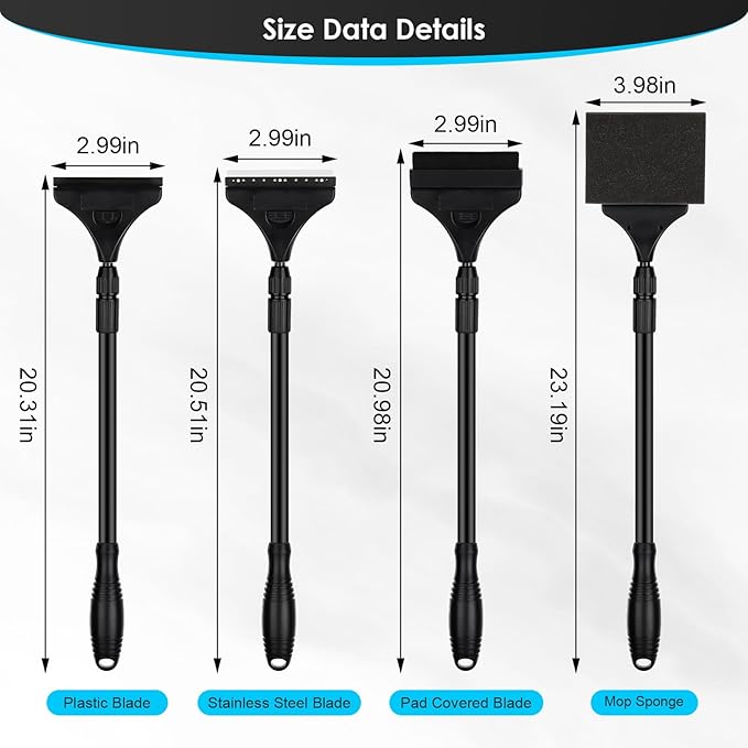 AQQA 4-in-1 Aquarium Cleaning Tools, Multifunctional Aquarium Glass Cleaner Algae Scraper for Glass Aquariums for Aquariums of Various Sizes with Telescopic Handle, 4 Cleaning Heads AQQA
