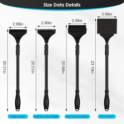 AQQA 4-in-1 Aquarium Cleaning Tools, Multifunctional Aquarium Glass Cleaner Algae Scraper for Glass Aquariums for Aquariums of Various Sizes with Telescopic Handle, 4 Cleaning Heads AQQA