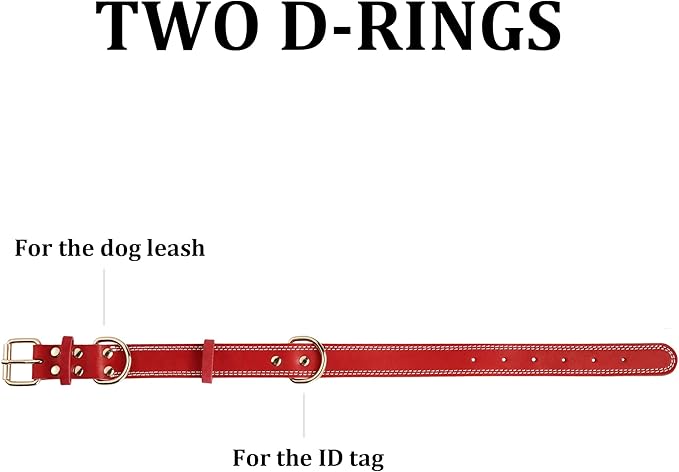 Dog Collar,Genuine Leather Dog Collar, Heavy Duty Dog Collar, Valentines Dog Collar for Small Dog, Medium Dog, Large Dog and Extra Large Dog (L: 1.2" Wide for 16.2"-22" Neck,Dual Stitch-Red) DAIHAQIKO