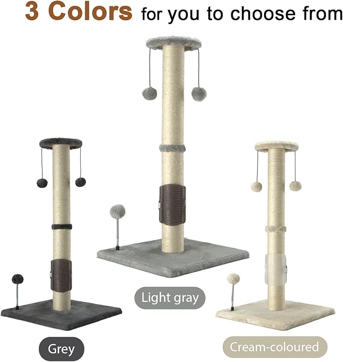 PEEKAB 32" Tall Cat Scratching Post Sisal Scratch Posts with Hanging Ball and Self-Massage Brush Vertical Scratcher for Indoor Cats and Kittens(Light-Gray 32inches) - PAWPICO