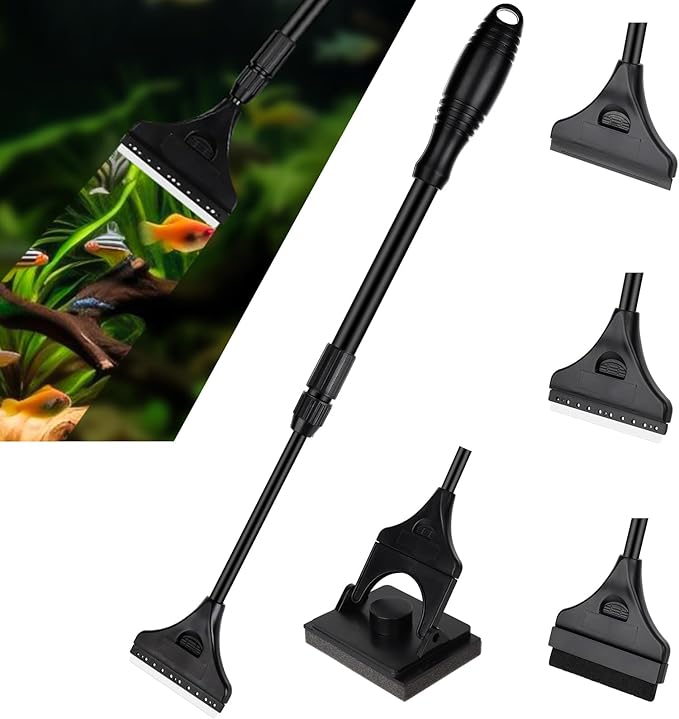 AQQA 4-in-1 Aquarium Cleaning Tools, Multifunctional Aquarium Glass Cleaner Algae Scraper for Glass Aquariums for Aquariums of Various Sizes with Telescopic Handle, 4 Cleaning Heads AQQA