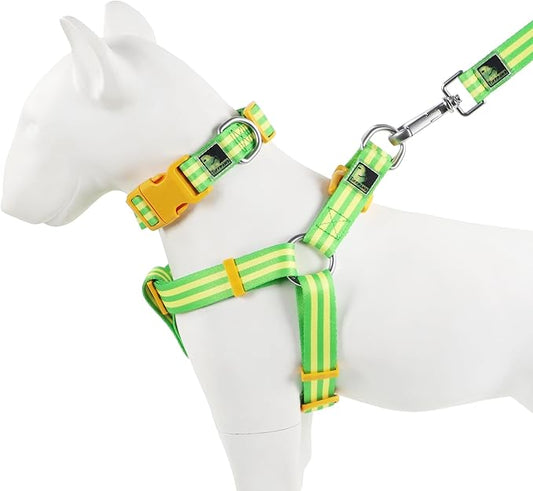 Striped Dog Harness Collar and Leash Set, Polyester Webbing Dog Collar Easy Walking and Training Dog Harness and Leash 3-in-1 Suit Adjustable Dog Harness Collar Leash Set for Dogs(Yellow, L) Tiffpaws