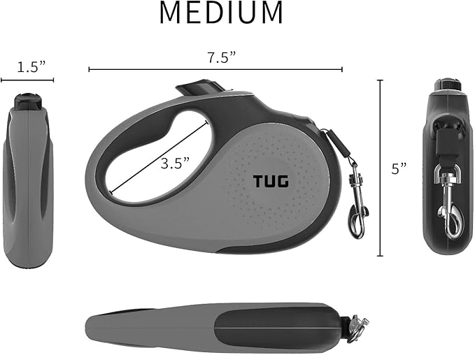 TUG 360° Tangle-Free Retractable Dog Leash with Anti-Slip Handle | 16 ft Strong Nylon Tape| One-Handed Brake, Pause, Lock (Medium, Grey) TUG