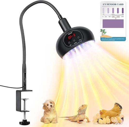 Heat Lamp for Chickens with Holder，200W-350W-500W Reptile Heating Lamp with UVA UVB Ligh 3-6-9-12H Timer, Protable Greenhouse Heater for Outdoor Chicken Coop Indoor Reptile Rabbits Dog Cats TFNN