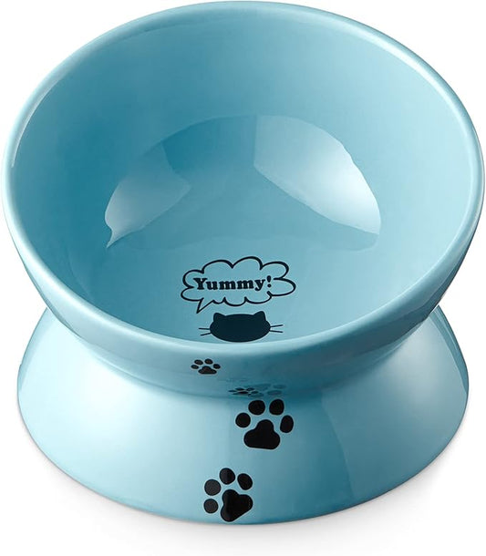 Y YHY Elevated Cat Food Bowl, Ceramic Raised Cat Bowl, Tilt Angle Protect Cat's Spine, Anti Vomiting Cat Dish, Backflow Prevention, Lake Blue - PAWPICO