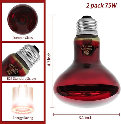 Reptile Heat Lamp Bulbs, Infrared 75W Reptiles & Amphibians Basking Spot Lamp Bulb-2 PCS, Red Heat Emitter Light for Chickens Coop REPTIHOME