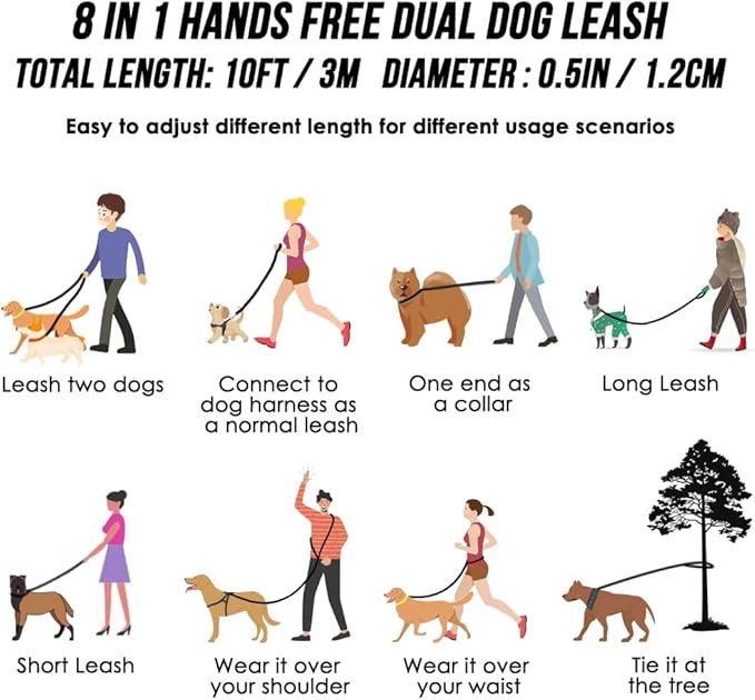 Lukovee Hands Free Dog Leash, 10FT Adjustable Dog Training Leash 1/2 Inch Nylon Heavy Duty Lead No Pull for Large Medium Dogs, Tangle Free Reflective Waist Leash for Dog Walking Running, Pink - PAWPICO