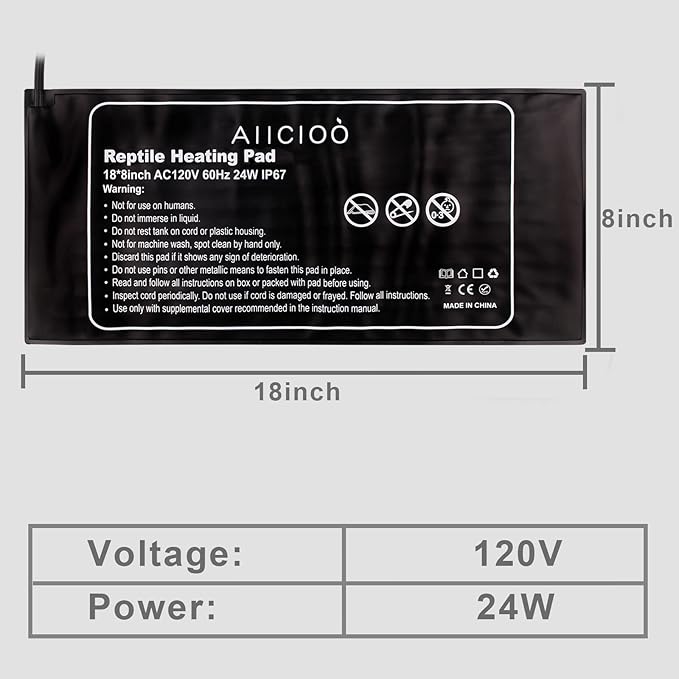 Aiicioo Reptile Heating Pad - 24W Under Tank Heater Terrarium Heating Mat Waterproof for Gecko Turtle Lizard Frog 8" X 18" AIICIOO