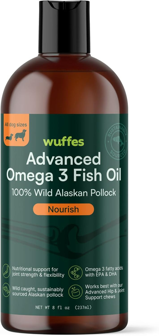 Wuffes Advanced Omega 3 Fish Oil for Dogs, Natural EPA & DHA Fatty Acids, Supports Healthy Skin and Coat, Joint Nutrition, Digestion & Immune System - 100% Pure Wild Alaskan Fish Oil - 8 Oz Wuffes