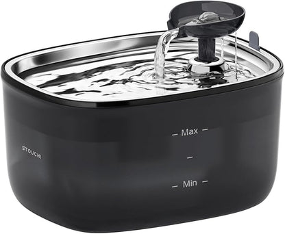 Stouchi Cat Water Fountain 85oz/2.5L, Stainless Steel Pet Water Fountain for Cats Dogs Inside with Led Light, Ultra-Quiet Cat Water Dispenser Bowl, Cat Waterer Fountain for Multiple Pets, Black - PAWPICO