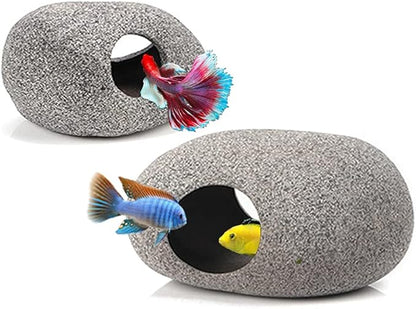 Ceramic Fish Tank Decorations, Betta Fish Tank Accessories Rock Caves, Stackable Aquarium Cichlid Cave, Betta Fish Hideout and House, Small Hiding Rock for Fish Bowl (2 PCS Oval Style A) MUNLITbrandpetsupplies