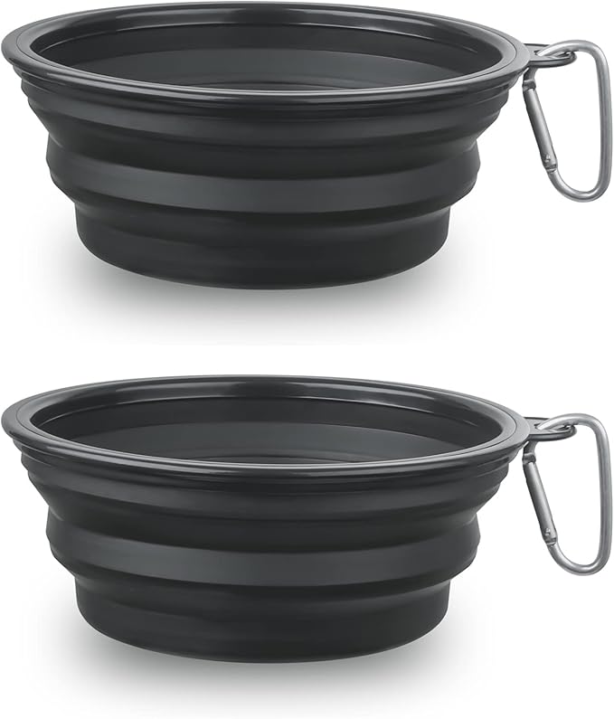 Dog Bowl Pet Collapsible Bowls, 2 Pack Collapsible Dog Water Bowls for Cats Dogs, Portable Pet Feeding Watering Dish for Walking Parking Traveling with 2 Carabiners (Large, Black+Black) - PAWPICO