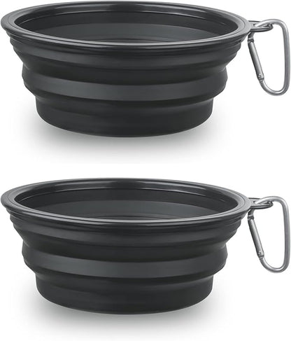 Dog Bowl Pet Collapsible Bowls, 2 Pack Collapsible Dog Water Bowls for Cats Dogs, Portable Pet Feeding Watering Dish for Walking Parking Traveling with 2 Carabiners (Large, Black+Black) - PAWPICO