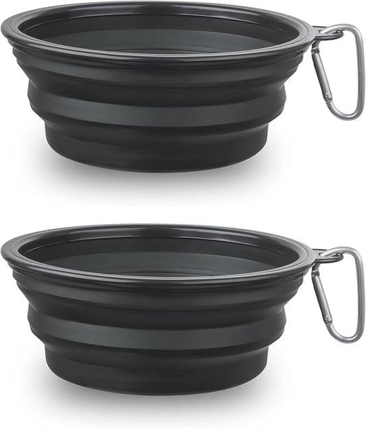 Dog Bowl Pet Collapsible Bowls, 2 Pack Collapsible Dog Water Bowls for Cats Dogs, Portable Pet Feeding Watering Dish for Walking Parking Traveling with 2 Carabiners (Large, Black+Black) - PAWPICO