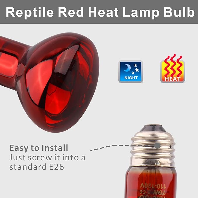 Aiicioo Reptile Red Night Light Bulb - 75W Reptile Heat Lamp Bulb Infrared Basking Spot Lamp for Bearded Dragon Lizard Turtle Hermit Crab Leopard Gecko Snake Chameleon Tank AIICIOO
