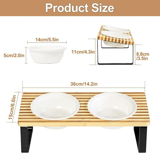 Sunhoo Ceramic Elevated Cat Bowls, Raised Puppy Dishes for Food and Water, Tilted Bamboo Stand for Anti Vomiting, Indoor 5.5 inch Wide Double Dish Orthopedic Anti-Vomiting (Yellow&Brown) - PAWPICO