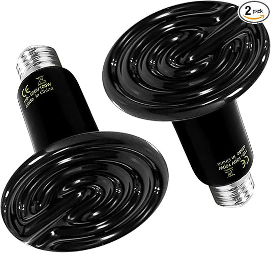 HealSmart Reptile Heat Lamp 100W 2-Pack Ceramic Heat Emitter, No Light Emitting Heat Bulbs for Amphibian Pet Brooder Coop Incubating Chicken, Lizard Bearded Dragon Turtle Snake Terrarium Black HealSmart