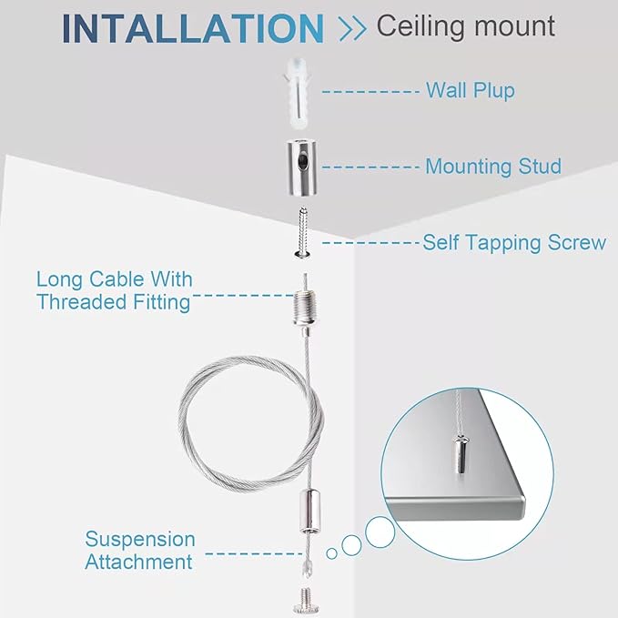 Adjustable Light Suspension Kit - 8 Pcs Luminaire Installation Hardware with 3.4ft Cable for Commercial Aquarium, LED Panel Lights, and More - Supports up to 11 lbs Per Strip Vigtayue