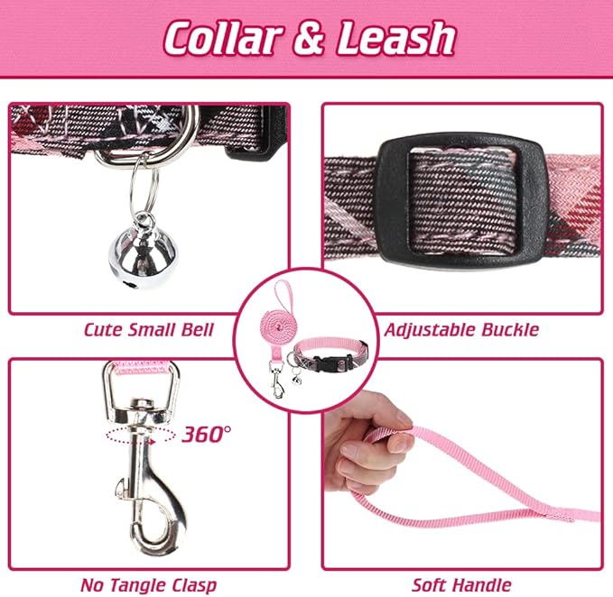 EXPAWLORER Classic Plaid Puppy Harness - Small Dog Harness and Leash Set - Dog Collar and Leash Set with AirTag Holder, Soft Padded Step in Dog Vest Harness No Pull Reflective for Outdoor, Pink XS EXPAWLORER