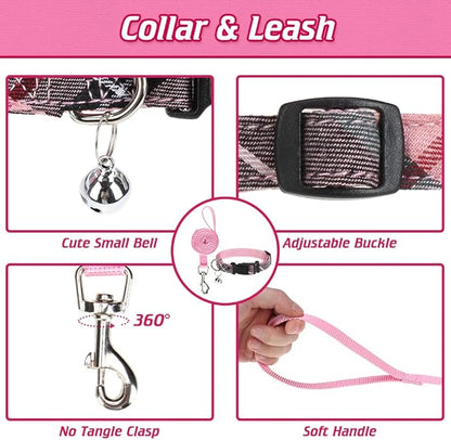 EXPAWLORER Classic Plaid Puppy Harness - Small Dog Harness and Leash Set - Dog Collar and Leash Set with AirTag Holder, Soft Padded Step in Dog Vest Harness No Pull Reflective for Outdoor, Pink XS EXPAWLORER