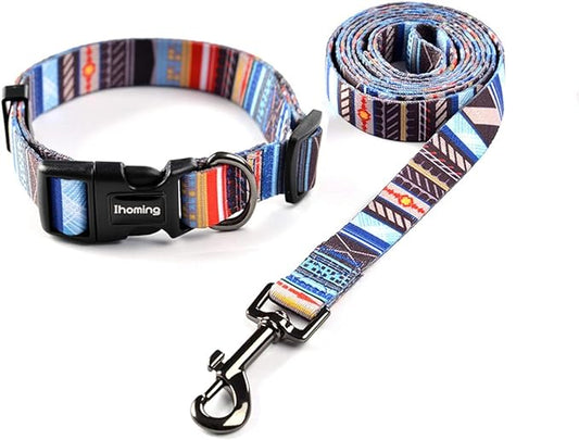Ihoming Dog Collar and Leash Set for Daily Outdoor Walking Running Training, Splicing Design for Medium Boys Girls Dogs Cats Pets, M-Up to 45LBS Ihoming