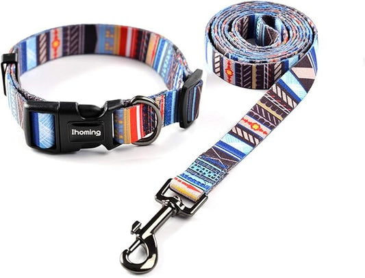Ihoming Dog Collar and Leash Set for Daily Outdoor Walking Running Training, Splicing Design for Large Boys Girls Dogs Cats Pets, L-Up to 80LBS Ihoming