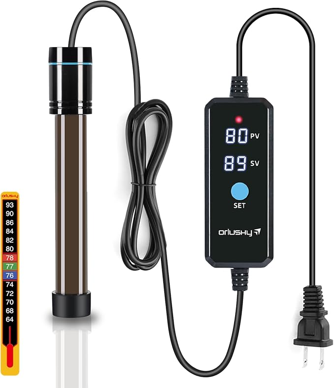 Orlushy 100W Submersible Aquarium Heater, Adjustable Fish Tank Heater with Digital Display External Controller, Overheat Protection and Free Thermometer for 10-20 Gallon Freshwater and Saltwater Tank Orlushy