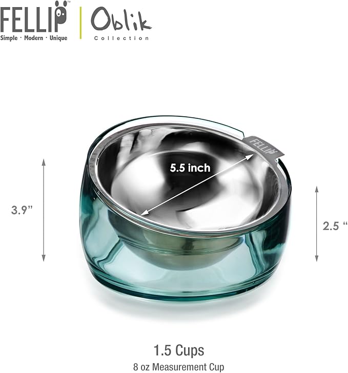 Felli Pet Oblik Spill Proof Dog Food Bowl Raised with Acrylic Cone, Slanted Stainless Steel Oval Dish Pet Friendly Design, Angled Metal Feeder Elevated Non Slip for Frenchie Bulldog (1.5Cup, Classic) - PAWPICO