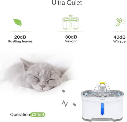 Cat Water Fountain with Stainless Steel Top and 2 Flower Spouts, 2.5L Pet Water Fountain with Led Light and Water Level Window - PAWPICO