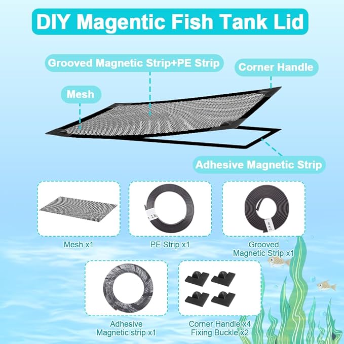 Magnetic Aquarium Cover Lid, DIY Fish Tank lid Anti-Jumping net Cover mesh Terrarium lid Aquarium Hood，Adjustable Size Fit Tank Size Max 35''X19'' Jaxbo