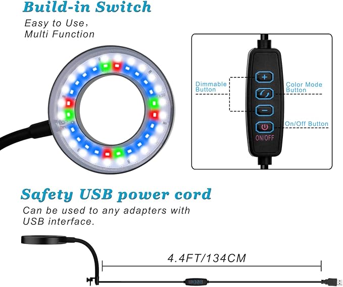 DOMICA Clip On Aquarium Light for 1 to 3 Gal Fish Tank (Dimmable White+Blue+Red LED) USB Moving Lamp for Open Terrarium (Adapter NOT Included) DOMICA