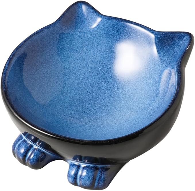 Nihow Ceramic Basic Cat Bowls: 6.25 Inch Cat Bowl for Food & Water - Food Grade Cat Dish for Large-Sized Cat/Medium-Sized Dog - Microwave & Dishwasher Safe -Elegant Blue & Black (8.5 OZ /1 PC) - PAWPICO