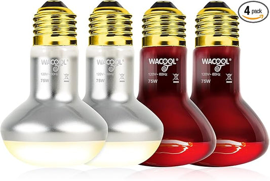 WACOOL 4Pack Reptile Heat Lamp Day & Night Kit 75W, Nature Simulated Basking Daylight & Nightlight UVA Heat Lamp Bulbs for Reptiles & Amphibians WACOOLTERRA