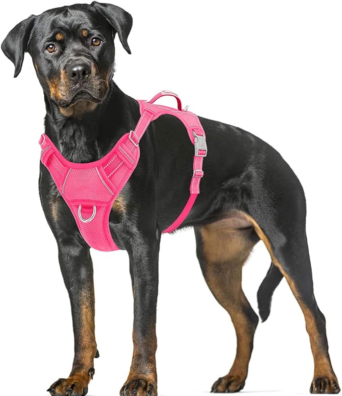 BARKBAY No Pull Dog Harness Large Reflective Dog Harness with Front Clip and Easy Control Handle for Walking Training Running with ID tag Pocket(Pink,XL) BARKBAY