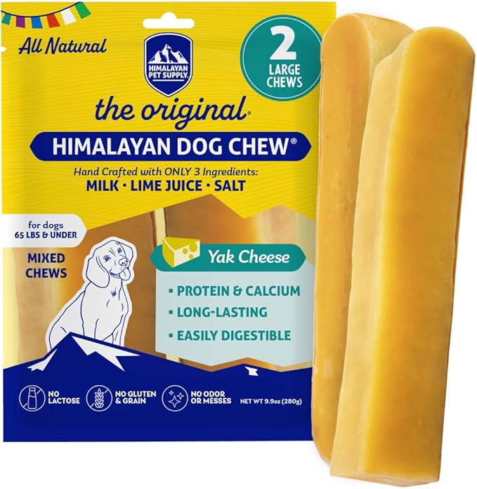 Himalayan Dog Chew Original Yak Cheese Dog Chews, 100% Natural, Long Lasting, Gluten Free, Healthy & Safe Dog Treats, Lactose & Grain Free, Protein Rich, Mixed Sizes, 2 Sticks (521139) - PAWPICO