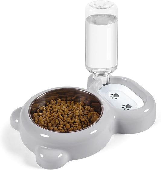 Dog Bowls, Cat Food and Water Bowl Set with Water Dispenser and Stainless Steel Bowl for Cats and Small Dogs - Grey - PAWPICO