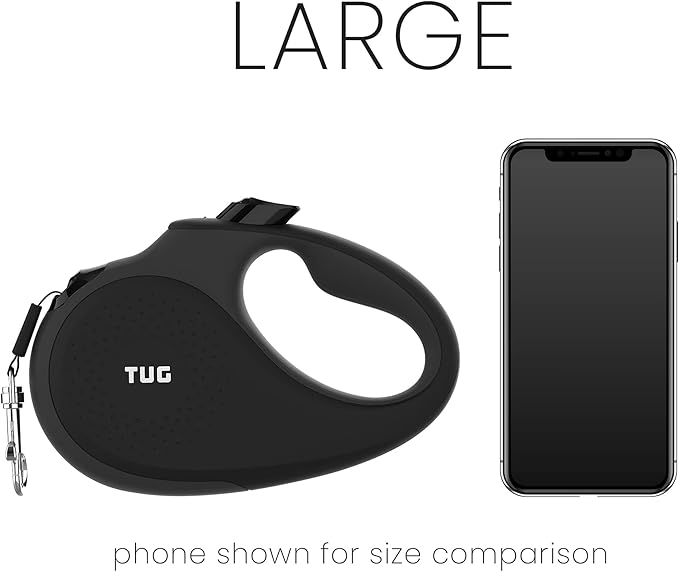 TUG 360° Tangle-Free Retractable Dog Leash with Anti-Slip Handle | 16 ft Strong Nylon Tape | One-Handed Brake, Pause, Lock (Large, Black/Grey) TUG