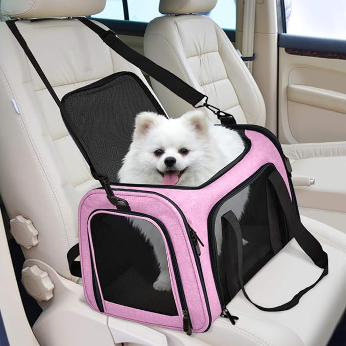 Henkelion Pet Carrier for Small Medium Cats Dogs Puppies up to 15 Lbs, TSA Airline Approved, Soft Sided, Collapsible Travel - Pink - PAWPICO