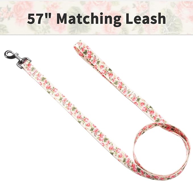 Ihoming Dog Collar and Leash Set for Daily Outdoor Walking Running Training, Pink Flowers Design for Medium Boys Girls Dogs Cats Pets, M-Up to 45LBS Ihoming