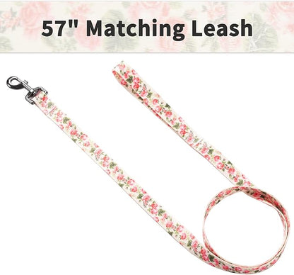 Ihoming Dog Collar and Leash Set for Daily Outdoor Walking Running Training, Pink Flowers Design for Medium Boys Girls Dogs Cats Pets, M-Up to 45LBS Ihoming