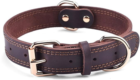 Dog Collar, Genuine Leather Dog Collar, Heavy Duty Dog Collar, Wide Dog Collar for Small Dog, Medium Dog, Large Dog and Extra Large Dog (M: 1" Wide for 15.2"-19.2" Neck, Dual Stitch - Brown) DAIHAQIKO