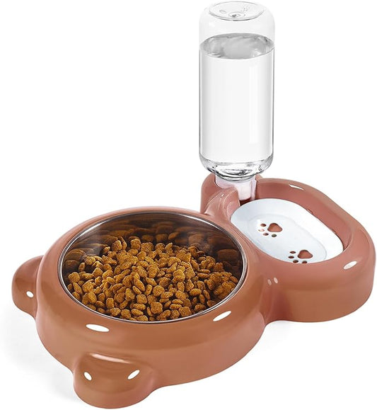 Dog Bowls, Cat Food and Water Bowl Set with Water Dispenser and Stainless Steel Bowl for Cats and Small Dogs - Brown - PAWPICO