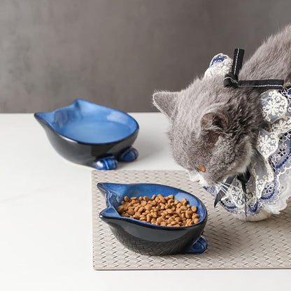 Nihow Ceramic Basic Cat Bowls: 5 Inch Cat Bowl for Food & Water - Food Grade Cat Dish for Small-Sized Cat - Microwave & Dishwasher Safe -Elegant Blue & Black (4.25 OZ /1 PC) - PAWPICO