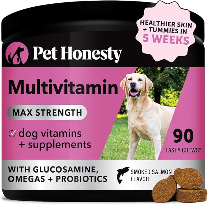 Pet Honesty Dog Multivitamin Max Strength - 15 in 1 Dog Vitamins for Health & Heart - Dog Essentials Fish Oil, Glucosamine, Probiotics, Omega Fish Oil - Dog Vitamins and Supplements for Skin and Coat PetHonesty