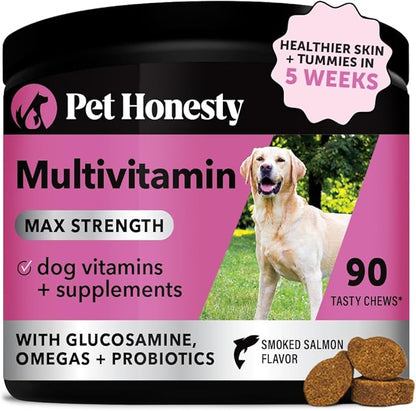 Pet Honesty Dog Multivitamin Max Strength - 15 in 1 Dog Vitamins for Health & Heart - Dog Essentials Fish Oil, Glucosamine, Probiotics, Omega Fish Oil - Dog Vitamins and Supplements for Skin and Coat PetHonesty