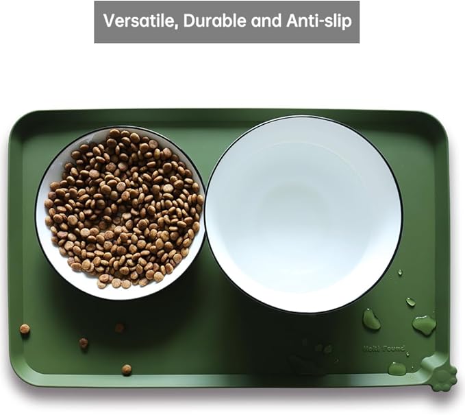 Hoki Found Silicone Pet Food Mats Tray -High-Lips Pet Dog Cat Bowl Mats Placemat - Dog Pet Cat Feeding Mat - Waterproof Dog Cat Food Mats -Pet Water Mats for Carpet - Dark Olive - PAWPICO