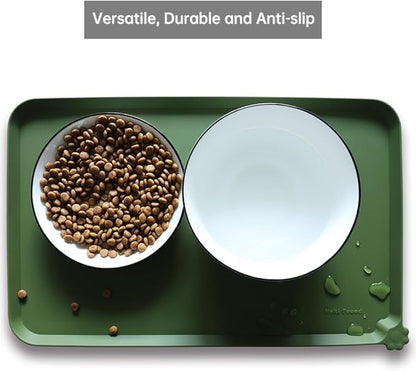 Hoki Found Silicone Pet Food Mats Tray -High-Lips Pet Dog Cat Bowl Mats Placemat - Dog Pet Cat Feeding Mat - Waterproof Dog Cat Food Mats -Pet Water Mats for Carpet - Dark Olive - PAWPICO