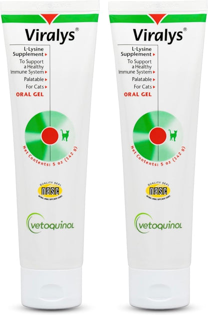 Vetoquinol Viralys Gel L-Lysine Supplement for Cats, 5oz - 2 Pack - Cats & Kittens of All Ages - Immune Health - Sneezing, Runny Nose, Squinting, Watery Eyes - Palatable Maple Flavor Lysine Gel Vetoquinol