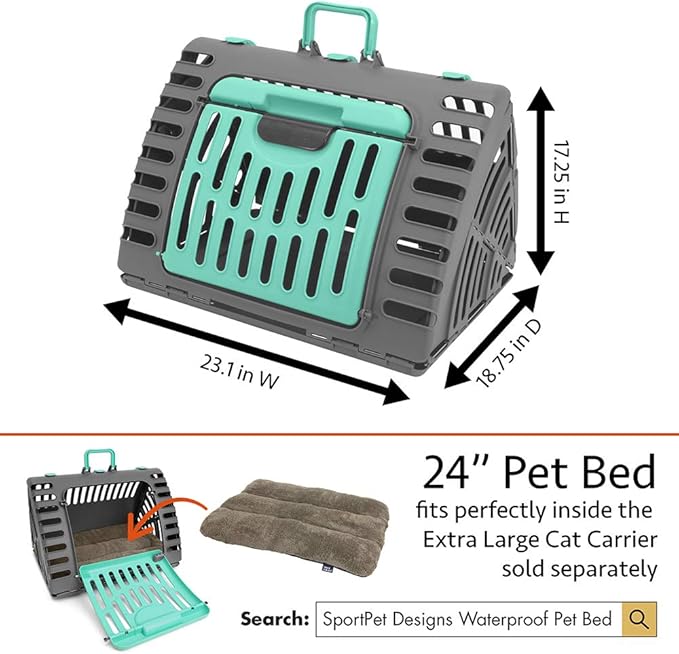 Sport Pet Designs Foldable Travel Cat Carrier - Front Door Plastic Collapsible Carrier Collection, Waterproof Bed - PAWPICO